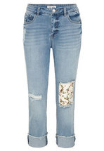 Tribal Womens Denim Five Pocket Crop Pant w/Floral Patch