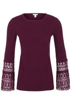 Tribal Womens Crochet Bell Sleeve Sweater 6032O BLKBERRY
