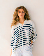 Mer Sea Women's Anywear Polo Sweater BIRCH/DEEPNVYSTRIPE