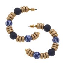 Canvas Frankie Blue & White Chinoiserie & Wood Hoop Earrings in Navy NAVY