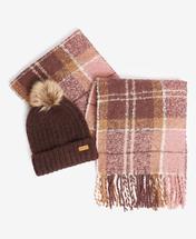 Barbour Saltburn Beanie & Tartan Scarf Set - Rosewood CHOCOLATE