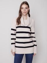 Charlie B Women's Striped Sweater with Cowl Neck ALMOND