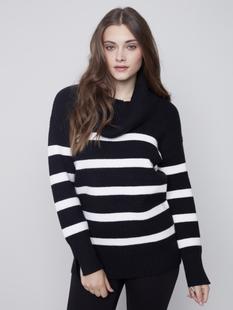 Charlie B Women's Striped Sweater with Cowl Neck BLACK