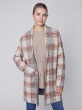 Charlie B Women's Long Plaid Cardigan with Shawl Collar TRUFFLE