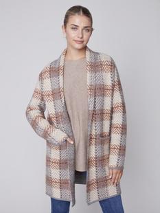 Charlie B Women's Long Plaid Cardigan with Shawl Collar TRUFFLE