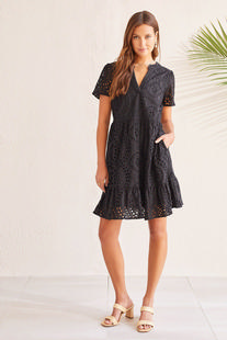 Tribal Short-Sleeve Dress With Embroidery BLACK