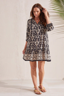 Tribal Printed 3/4 Sleeve Dress with Bottom Frill FRENCHOAK