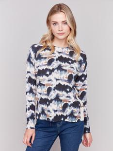 Charlie B Printed Sweater with Side Buttons TIEDYE