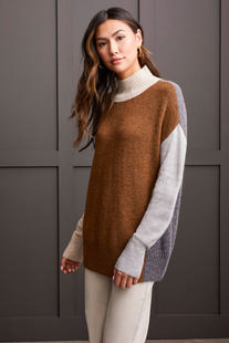 Tribal Women's Mock Neck Colorblock Sweater WALNUTHEATHER