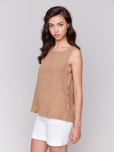 Charlie B Sleeveless Linen Top with Side Buttons BISCUIT