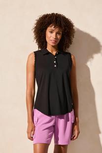 Tribal PERFORMANCE UPF 50+ SLEEVELESS POLO TOP WITH SCALLOP-EDGE RIB BLACK