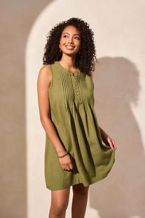 Tribal LINEN BLEND PLEATED SLEEVELESS DRESS LODEN