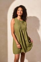 Tribal LINEN BLEND PLEATED SLEEVELESS DRESS LODEN