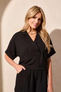 Tribal LAPEL COLLAR V-NECK SHORT SLEEVE SHIRT BLACK