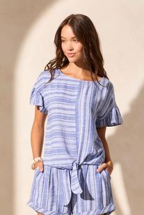 Tribal LINEN BLEND TIE-FRONT BLOUSE WITH FRILLED SLEEVES CALYPSOBLUE