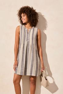 Tribal YARN DYE STRIPE PINTUCKED SLEEVELESS DRESS NAUTICAL