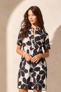 Tribal PRINTED COTTON POPLIN SHORT-SLEEVE SHIRT DRESS WHITE