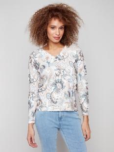 Charlie B Printed Plush Knit V-Neck Sweater HOLLAND