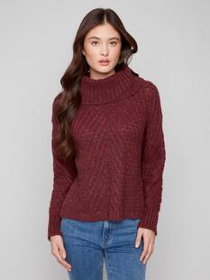 Charlie B Cowl Neck Diagonal Cable Sweater CABERNET