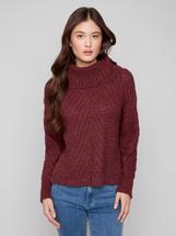 Charlie B Cowl Neck Diagonal Cable Sweater CABERNET