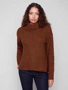 Charlie B Cowl Neck Diagonal Cable Sweater SEPIA