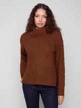 Charlie B Cowl Neck Diagonal Cable Sweater SEPIA