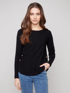 Charlie B Boat Neck Sweater With Side Buttons BLACK