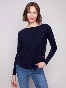 Charlie B Boat Neck Sweater With Side Buttons NAVY