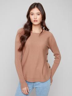 Charlie B Boat Neck Sweater With Side Buttons TRUFFLE