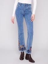 Charlie B Flare Leg Jeans With Colorful Floral Embroidery MEDIUMBLUE