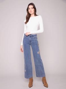 Charlie B Embroidered Wide Leg Jeans With Flowers MEDIUMBLUE
