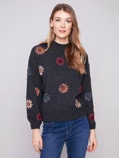 Charlie B Mock Neck Sweater With Floral Embroidery HCHARCOAL