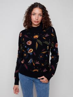 Charlie B Embroidered Mock Neck Sweater BLACK
