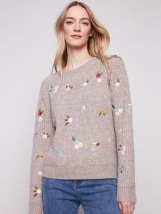 Charlie B Crew Neck Sweater With Floral Embroidery HLIGHTBROWN