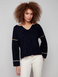 Charlie B Embroidered Ribbed Sweater with Notch Neck NAVY