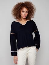 Charlie B Embroidered Ribbed Sweater with Notch Neck NAVY