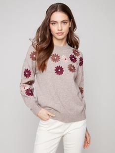 Charlie B Floral Embroidery Crew Neck Sweater HTAUPE