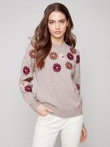 Charlie B Floral Embroidery Crew Neck Sweater HTAUPE