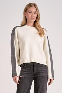 Elan Women's Crew Sweater with Sleeve Stripe GREY/WHITE