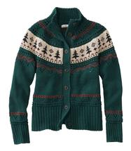L.L. Bean Women's Signature Cotton Fisherman Sweater, Short Cardigan Fair Isle DEEPESTGREENFAIRISLE
