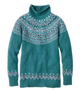 L.L. Bean Women's Cotton Ragg Sweater, Funnelneck Pullover Fair Isle SHADETEALFAIRISLE