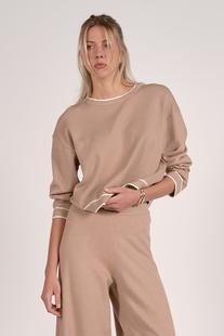 Elan Women/s Crop Knit Top with Trim TAN/WHITE