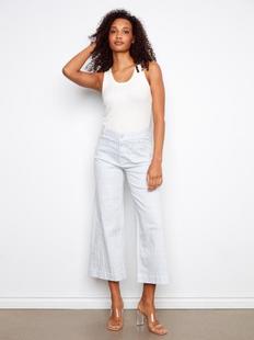 Charlie B Women's Yarn Dye Striped Twill Cropped Patch Pocket Flare Pants LINES