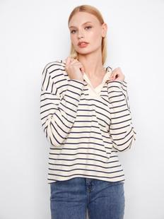 Charlie B Women's V-Neck Striped Hoodie with High-Low Hem NAVY