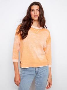 Charlie B Women's Reversed Print 3/4 Sleeve Sweater with Curved Hem APRICOT