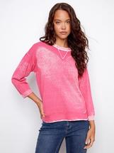 Charlie B Women's Reversed Print 3/4 Sleeve Sweater with Curved Hem FUCHSIA