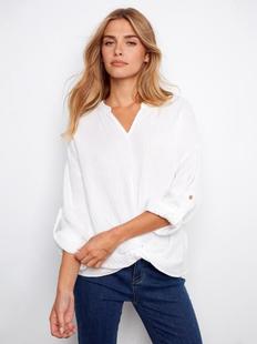 Charlie B Women's Long Roll Up Sleeve Split Neck Blouse with Front Knot Detail WHITE