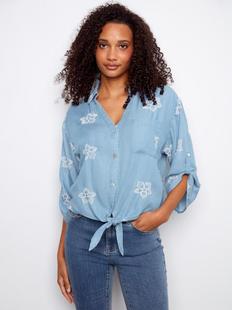 Charlie B Women's 3/4 Rolled Up Sleeves Blouse with All Over Embroidery and Front Tie LT.BLUE