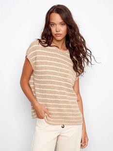 Charlie B Women's Striped Drop Cap Sleeve Crew Neck Sweater SAND