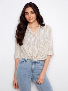 Charlie B Women's Striped Cotton-Linen Blend Shirt With Front Twist FOG